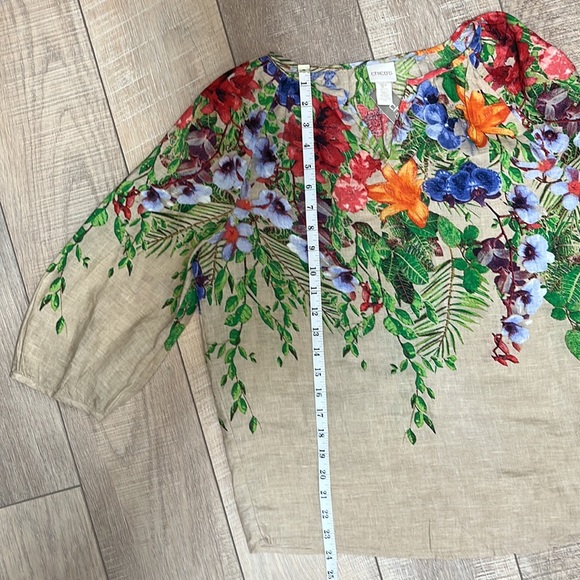 Chicos Linen Tan Tropical Floral 3/4 Length Shirt Size 1P - Picture 12 of 12